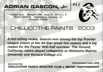 2003 Grandstand Chillicothe Paints #11 Adrian Gascon Jr. Back