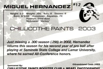 2003 Grandstand Chillicothe Paints #12 Miguel Hernandez Back