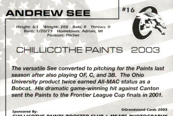 2003 Grandstand Chillicothe Paints #16 Andrew See Back