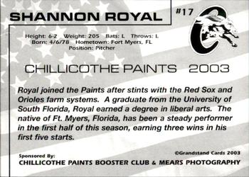 2003 Grandstand Chillicothe Paints #17 Shannon Royal Back
