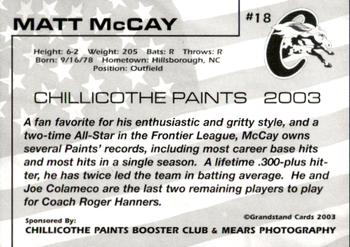2003 Grandstand Chillicothe Paints #18 Matt McCay Back