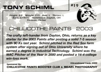 2003 Grandstand Chillicothe Paints #19 Tony Schiml Back