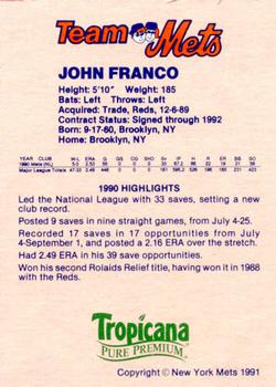 1991 New York Mets Team Mets Club #NNO John Franco Back