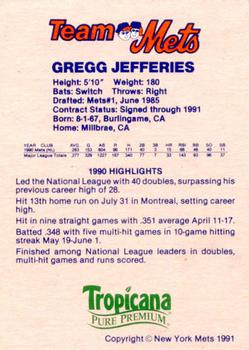 1991 New York Mets Team Mets Club #NNO Gregg Jefferies Back
