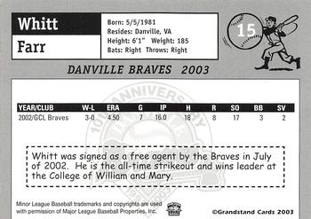 2003 Grandstand Danville Braves #NNO Whitt Farr Back