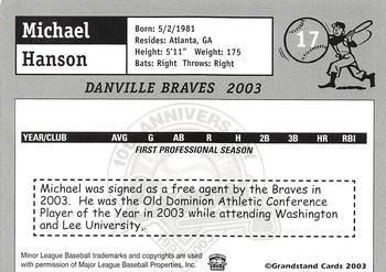 2003 Grandstand Danville Braves #NNO Michael Hanson Back