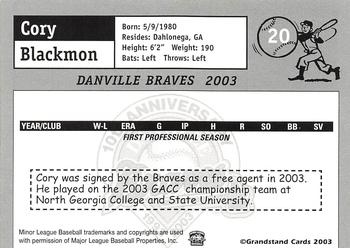 2003 Grandstand Danville Braves #NNO Cory Blackmon Back