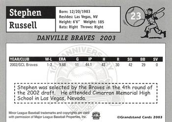 2003 Grandstand Danville Braves #NNO Stephen Russell Back