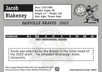 2003 Grandstand Danville Braves #NNO Jacob Blakeney Back