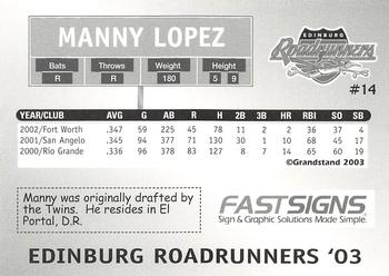 2003 Grandstand Edinburg Roadrunners #NNO Manny Lopez Back
