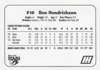 2003 Huntsville Stars #NNO Ben Hendrickson Back