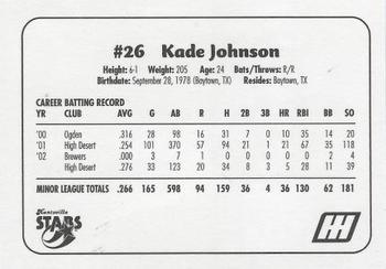2003 Huntsville Stars #NNO Kade Johnson Back