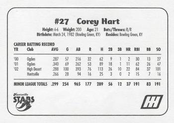 2003 Huntsville Stars #NNO Corey Hart Back