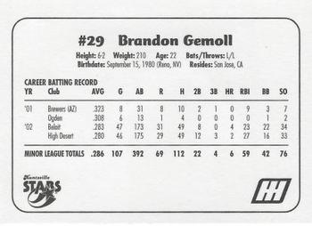 2003 Huntsville Stars #NNO Brandon Gemoll Back