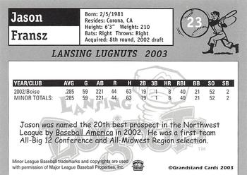 2003 Grandstand Lansing Lugnuts #NNO Jason Fransz Back