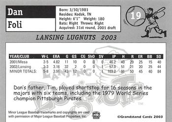 2003 Grandstand Lansing Lugnuts #NNO Dan Foli Back