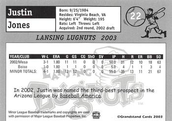 2003 Grandstand Lansing Lugnuts #NNO Justin Jones Back
