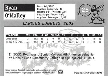 2003 Grandstand Lansing Lugnuts #NNO Ryan O'Malley Back