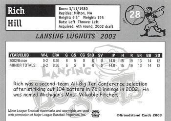 2003 Grandstand Lansing Lugnuts #NNO Rich Hill Back
