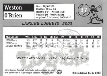 2003 Grandstand Lansing Lugnuts #NNO Weston O'Brien Back