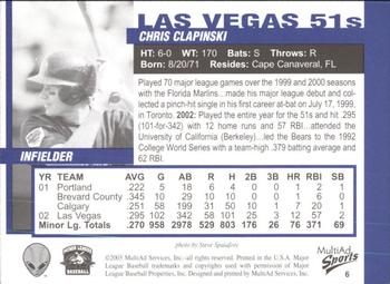 2003 MultiAd Las Vegas 51s #6 Chris Clapinski Back