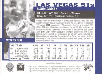 2003 MultiAd Las Vegas 51s #9 Bubba Crosby Back