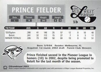 2003 Grandstand Midwest League Top Prospects #NNO Prince Fielder Back