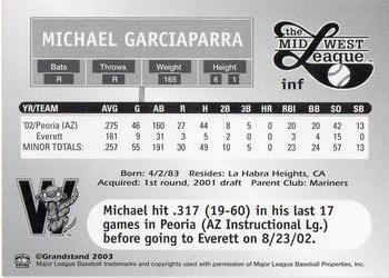 2003 Grandstand Midwest League Top Prospects #NNO Michael Garciaparra Back