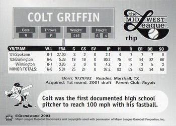 2003 Grandstand Midwest League Top Prospects #NNO Colt Griffin Back