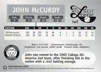 2003 Grandstand Midwest League Top Prospects #NNO John McCurdy Back