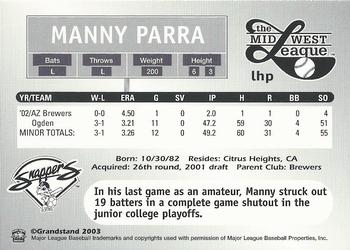 2003 Grandstand Midwest League Top Prospects #NNO Manny Parra Back