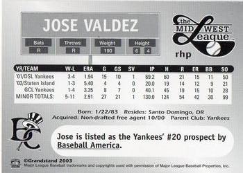 2003 Grandstand Midwest League Top Prospects #NNO Jose Valdez Back