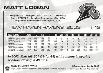 2003 Grandstand New Haven Ravens #NNO Matt Logan Back