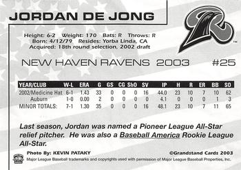2003 Grandstand New Haven Ravens #NNO Jordan De Jong Back