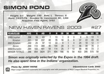 2003 Grandstand New Haven Ravens #NNO Simon Pond Back