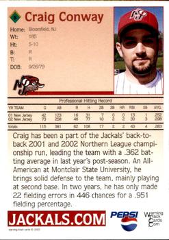 2003 Warning Track New Jersey Jackals #5 Craig Conway Back
