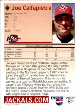 2003 Warning Track New Jersey Jackals #26 Joe Calfapietra Back