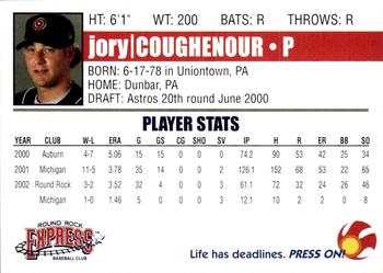 2003 Round Rock Express #NNO Jory Coughenour Back