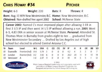 2003 Vancouver Canadians #NNO Chris Howay Back