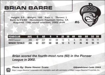 2003 Grandstand Visalia Oaks #6 Brian Barre Back