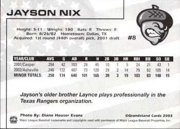 2003 Grandstand Visalia Oaks #8 Jayson Nix Back