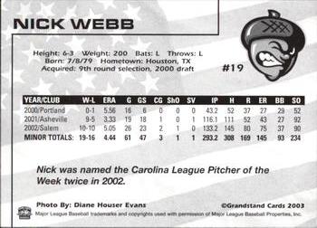 2003 Grandstand Visalia Oaks #19 Nick Webb Back
