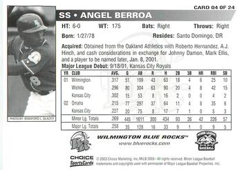 2003 Choice Wilmington Blue Rocks In The Show II #04 Angel Berroa Back