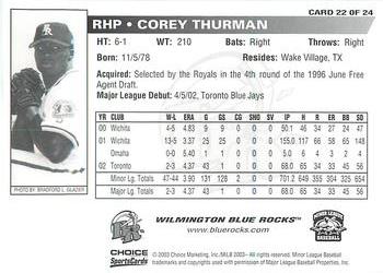 2003 Choice Wilmington Blue Rocks In The Show II #22 Corey Thurman Back