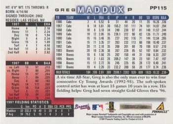 1998 Score - Showcase Series Artist's Proofs #PP115 Greg Maddux Back