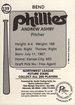 1986 Cramer Bend Phillies #139 Andrew Ashby Back