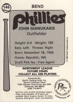 1986 Cramer Bend Phillies #146 John Gianukakis Back