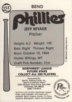 1986 Cramer Bend Phillies #153 Jeff Myaer Back