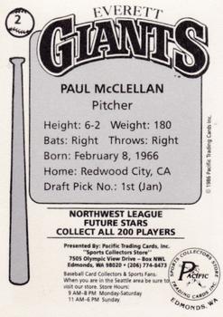 1986 Cramer Everett Giants #2 Paul McClellan Back