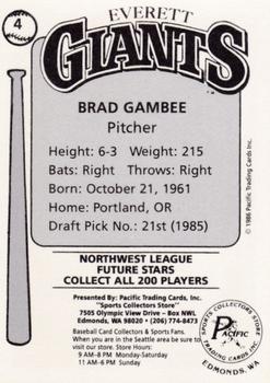 1986 Cramer Everett Giants #4 Brad Gambee Back